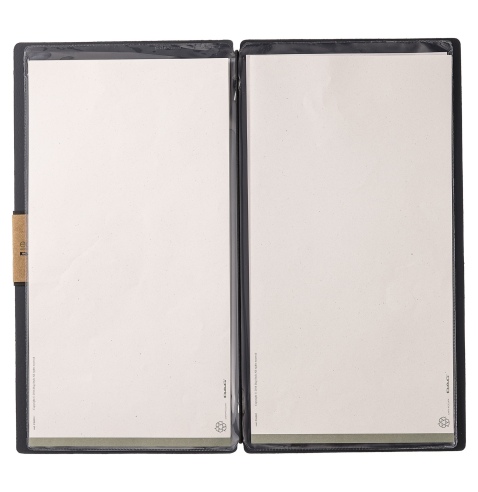 Porta Menu A4 SLIM (17,4x31,8 cm) etichetta PATCH "menu" 2 buste (4 facciate) elastico nero PORTOFINO BLU