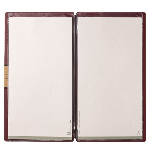 Porta Menu A4 SLIM (17,4x31,8 cm) etichetta PATCH "menu" 2 buste (4 facciate) elastico nero PORTOFINO BORDEAUX