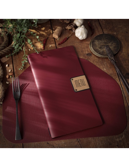 Porta Menu A4 SLIM (17,4x31,8 cm) etichetta PATCH "personalizzata" (minimo 18 pezzi) solo elastico nero PORTOFINO BORDEAUX