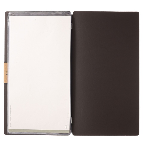 Porta Menu A4 SLIM (17,4x31,8 cm) etichetta PATCH "personalizzata" (minimo 18 pezzi) 2 buste (4 facciate) elastico nero PORTOFIN