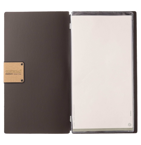 Porta Menu A4 SLIM (17,4x31,8 cm) etichetta PATCH "menu" 2 buste (4 facciate) elastico nero PORTOFINO MARRONE