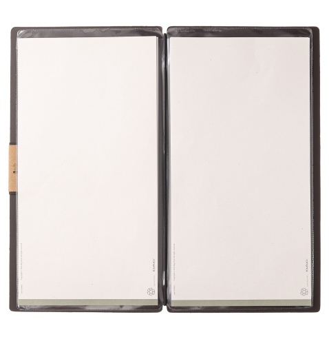 Porta Menu A4 SLIM (17,4x31,8 cm) etichetta PATCH "menu" 2 buste (4 facciate) elastico nero PORTOFINO MARRONE