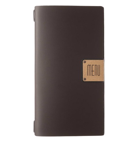 Porta Menu A4 SLIM (17,4x31,8 cm) etichetta PATCH "personalizzata" (minimo 18 pezzi) solo elastico nero PORTOFINO MARRONE