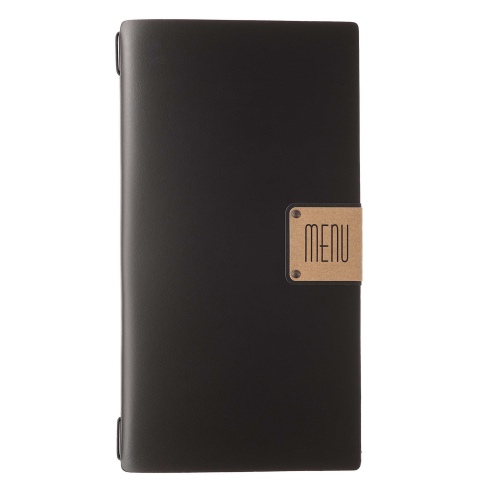 Porta Menu A4 SLIM (17,4x31,8 cm) etichetta PATCH "personalizzata" (minimo 18 pezzi) 2 buste (4 facciate) elastico nero PORTOFIN
