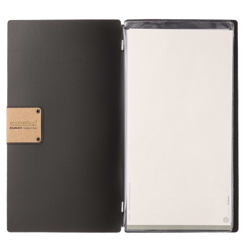 Porta Menu A4 SLIM (17,4x31,8 cm) etichetta PATCH "personalizzata" (minimo 18 pezzi) 2 buste (4 facciate) elastico nero PORTOFIN