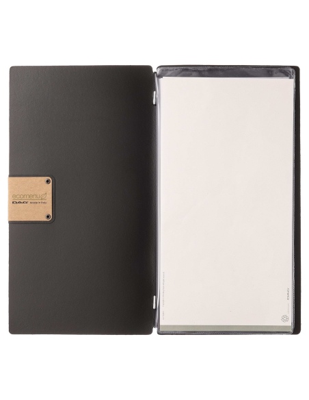 Porta Menu A4 SLIM (17,4x31,8 cm) etichetta PATCH "personalizzata" (minimo 18 pezzi) 2 buste (4 facciate) elastico nero PORTOFIN