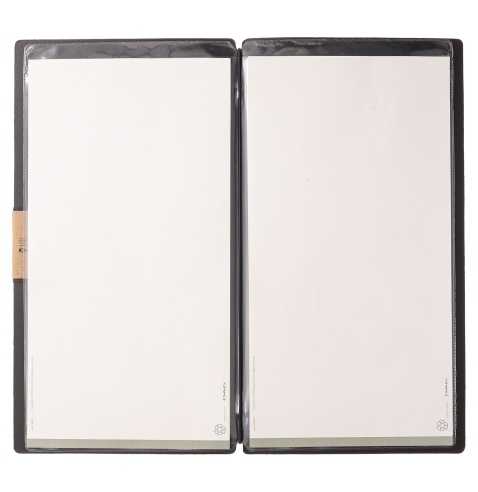 Porta Menu A4 SLIM (17,4x31,8 cm) etichetta PATCH "personalizzata" (minimo 18 pezzi) 2 buste (4 facciate) elastico nero PORTOFIN