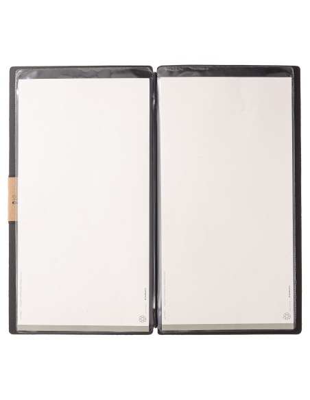 Porta Menu A4 SLIM (17,4x31,8 cm) etichetta PATCH "personalizzata" (minimo 18 pezzi) 2 buste (4 facciate) elastico nero PORTOFIN
