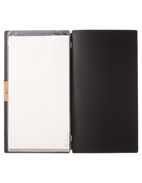 Porta Menu A4 SLIM (17,4x31,8 cm) etichetta PATCH "personalizzata" (minimo 18 pezzi) 2 buste (4 facciate) elastico nero PORTOFIN