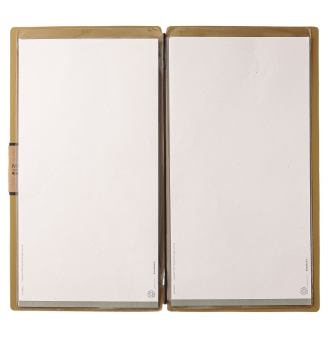Porta Menu A4 SLIM (17,4x31,8 cm) etichetta PATCH "personalizzata" (minimo 18 pezzi) 2 buste (4 facciate) elastico nero PORTOFIN