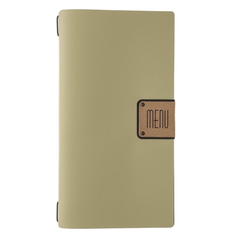 Porta Menu A4 SLIM (17,4x31,8 cm) etichetta PATCH "personalizzata" (minimo 18 pezzi) 2 buste (4 facciate) elastico nero PORTOFIN