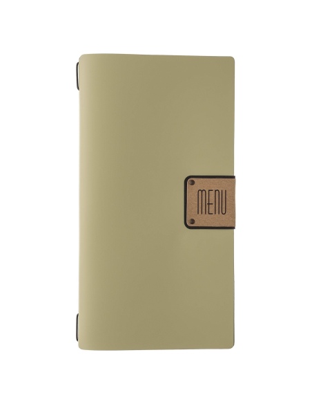 Porta Menu A4 SLIM (17,4x31,8 cm) etichetta PATCH "menu" 2 buste (4 facciate) elastico nero PORTOFINO SALVIA