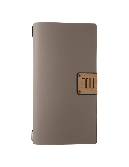 Porta Menu A4 SLIM (17,4x31,8 cm) etichetta PATCH "menu" 2 buste (4 facciate) elastico nero PORTOFINO TORTORA
