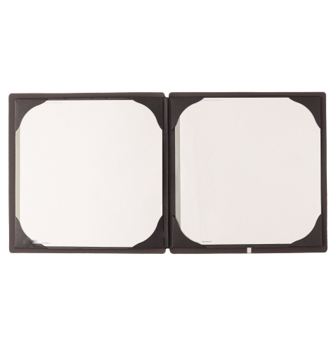 Porta Menu QUADRATO (23x23,1 cm) etichetta METAL "menu" cornicetta (4 facciate) elastico nero BICOLOR SABBIA