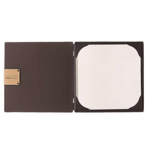 Porta Menu QUADRATO (23x23,1 cm) etichetta PATCH "menu" cornicetta (4 facciate) elastico nero BICOLOR SABBIA