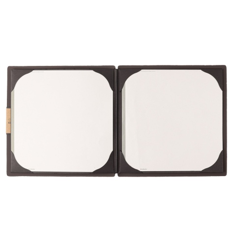 Porta Menu QUADRATO (23x23,1 cm) etichetta PATCH "menu" cornicetta (4 facciate) elastico nero BICOLOR SABBIA