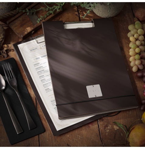 CITY MENU porta menu A4 etichetta METAL STANDARD "menu" molla ferma fogli BICOLOR COCOA