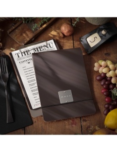 CITY MENU porta menu A5 etichetta METAL "personalizzata" (minimo 18 pezzi) molla ferma fogli BICOLOR COCOA