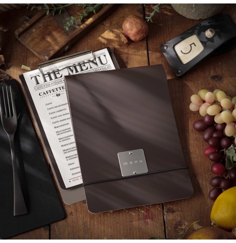 CITY MENU porta menu A5 etichetta METAL "personalizzata" (minimo 18 pezzi) molla ferma fogli BICOLOR COCOA