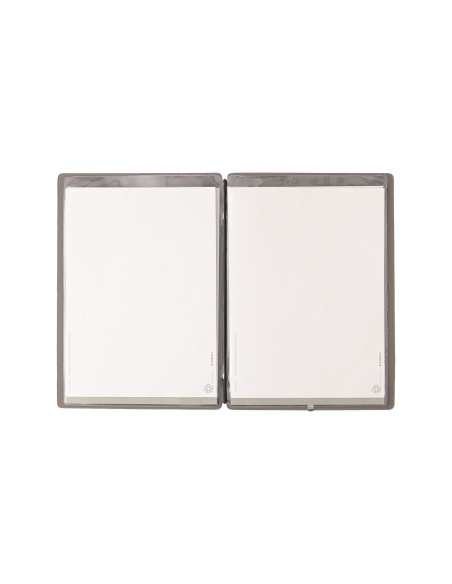 Porta Menu A5 (16,5x23,1 cm) etichetta METAL "personalizzata" (minimo 18 pezzi) 2 buste (4 facciate) elastico nero BICOLOR COCOA