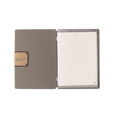Porta Menu A5 (16,5x23,1 cm) etichetta PATCH "personalizzata" (minimo 18 pezzi) 2 buste (4 facciate) elastico nero BICOLOR COCOA