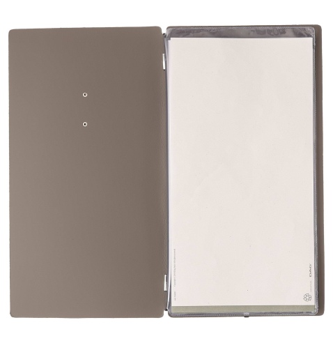 Porta Menu A4 SLIM (17,4x31,8 cm) etichetta METAL "personalizzata" (minimo 18 pezzi) 2 buste (4 facciate) elastico nero BICOLOR 