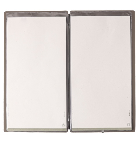 Porta Menu A4 SLIM (17,4x31,8 cm) etichetta METAL "personalizzata" (minimo 18 pezzi) 2 buste (4 facciate) elastico nero BICOLOR 