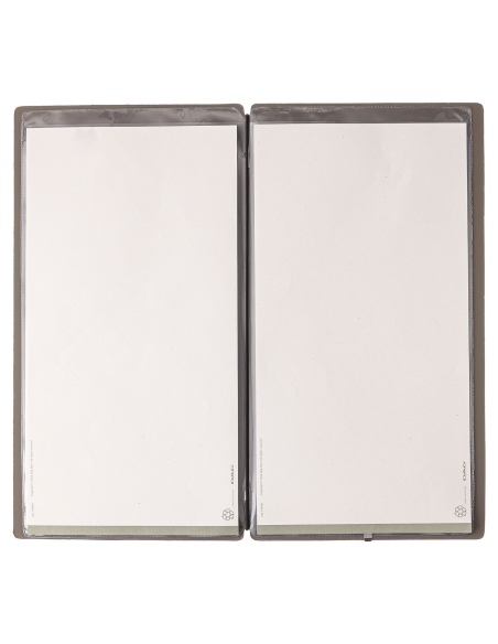 Porta Menu A4 SLIM (17,4x31,8 cm) etichetta METAL "personalizzata" (minimo 18 pezzi) 2 buste (4 facciate) elastico nero BICOLOR 