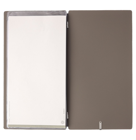 Porta Menu A4 SLIM (17,4x31,8 cm) etichetta METAL "personalizzata" (minimo 18 pezzi) 2 buste (4 facciate) elastico nero BICOLOR 
