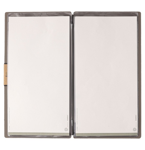 Porta Menu A4 SLIM (17,4x31,8 cm) etichetta PATCH "menu" 2 buste (4 facciate) elastico nero BICOLOR COCOA
