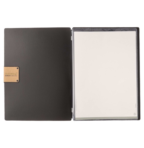 Porta Menu A4 (23,2x31,8 cm) etichetta PATCH "personalizzata" (minimo 18 pezzi) 2 buste (4 facciate) elastico nero PORTOFINO NER
