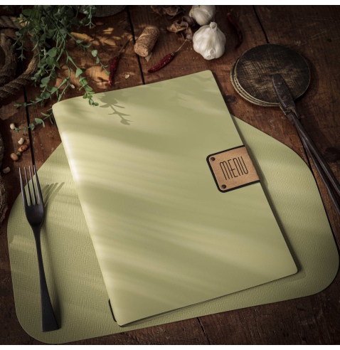 Porta Menu A4 (23,2x31,8 cm) etichetta PATCH "menu" 2 buste (4 facciate) elastico nero PORTOFINO SALVIA