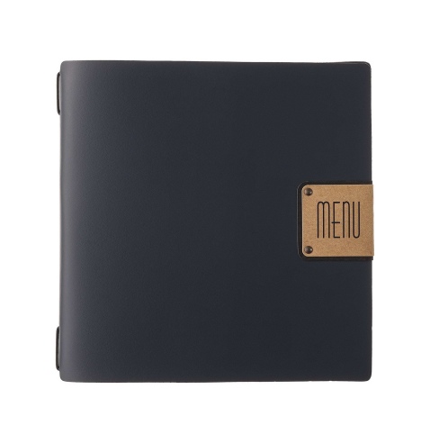 Porta Menu QUADRATO (23x23,1 cm) etichetta PATCH "menu" 2 buste (4 facciate) elastico nero PORTOFINO BLU