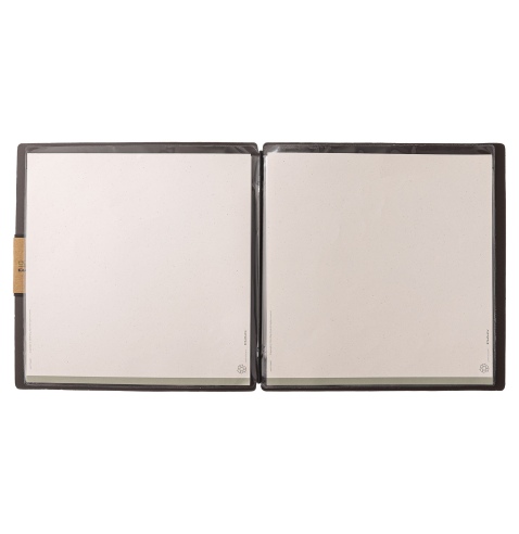 Porta Menu QUADRATO (23x23,1 cm) etichetta PATCH "personalizzata" (minimo 18 pezzi) 2 buste (4 facciate) elastico nero PORTOFINO
