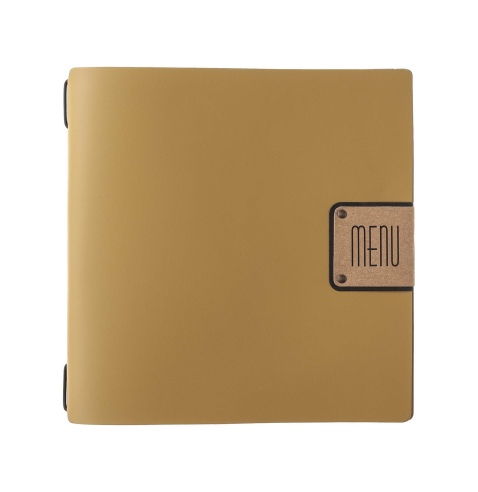 Porta Menu QUADRATO (23x23,1 cm) etichetta PATCH "menu" 2 buste (4 facciate) elastico nero PORTOFINO OCRA
