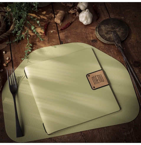 Porta Menu QUADRATO (23x23,1 cm) etichetta PATCH "menu" 2 buste (4 facciate) elastico nero PORTOFINO SALVIA