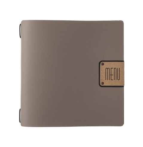 Porta Menu QUADRATO (23x23,1 cm) etichetta PATCH "personalizzata" (minimo 18 pezzi) 2 buste (4 facciate) elastico nero PORTOFINO