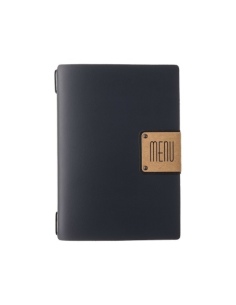 Porta Menu A5 (16,5x23,1 cm) etichetta PATCH "personalizzata" (minimo 18 pezzi) cornicetta (4 facciate) elastico nero PORTOFINO 