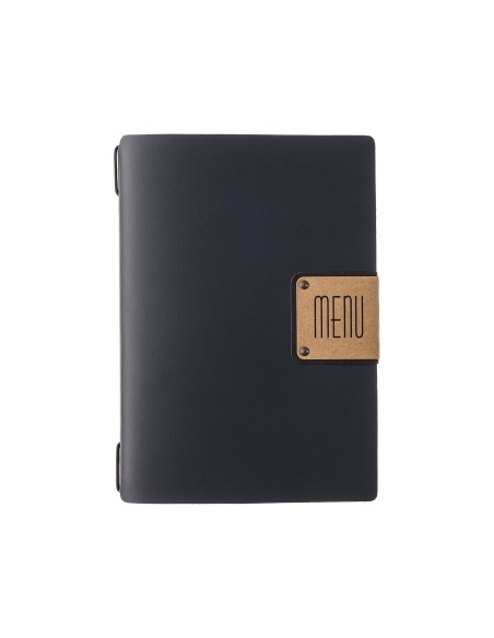 Porta Menu A5 (16,5x23,1 cm) etichetta PATCH "personalizzata" (minimo 18 pezzi) cornicetta (4 facciate) elastico nero PORTOFINO 
