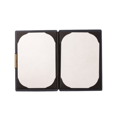 Porta Menu A5 (16,5x23,1 cm) etichetta PATCH "personalizzata" (minimo 18 pezzi) cornicetta (4 facciate) elastico nero PORTOFINO 