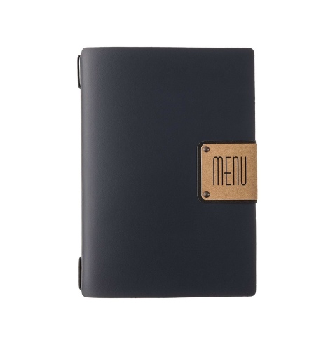 Porta Menu A5 (16,5x23,1 cm) etichetta PATCH "menu" cornicetta (4 facciate) elastico nero PORTOFINO BLU