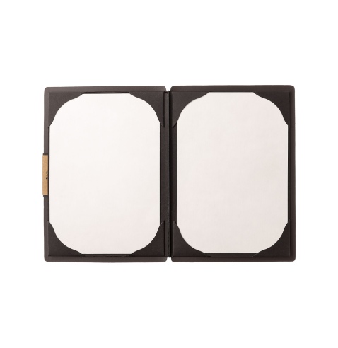 Porta Menu A5 (16,5x23,1 cm) etichetta PATCH "personalizzata" (minimo 18 pezzi) cornicetta (4 facciate) elastico nero PORTOFINO 