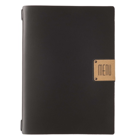 Porta Menu A4 (23,2x31,8 cm) etichetta PATCH "menu" cornicetta (4 facciate) elastico nero PORTOFINO NERO