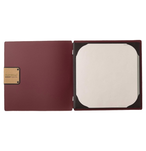 Porta Menu QUADRATO (23x23,1 cm) etichetta PATCH "menu" cornicetta (4 facciate) elastico nero PORTOFINO BORDEAUX