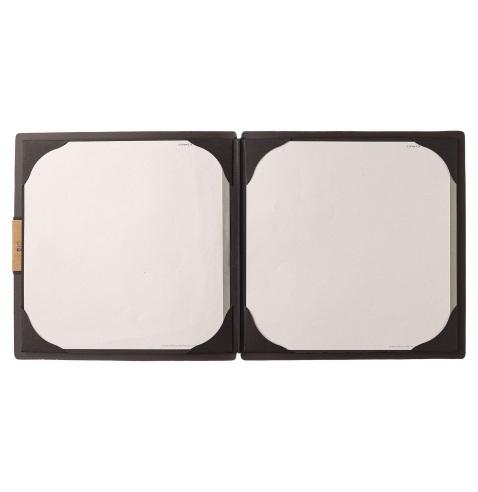 Porta Menu QUADRATO (23x23,1 cm) etichetta PATCH "personalizzata" (minimo 18 pezzi) cornicetta (4 facciate) elastico nero PORTOF