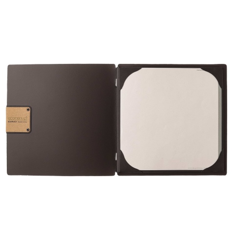 Porta Menu QUADRATO (23x23,1 cm) etichetta PATCH "menu" cornicetta (4 facciate) elastico nero PORTOFINO MARRONE