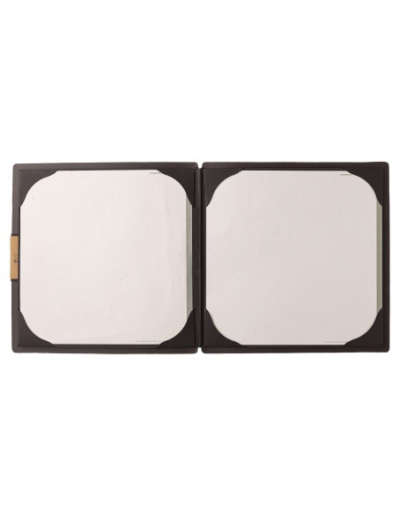 Porta Menu QUADRATO (23x23,1 cm) etichetta PATCH "menu" cornicetta (4 facciate) elastico nero PORTOFINO MARRONE