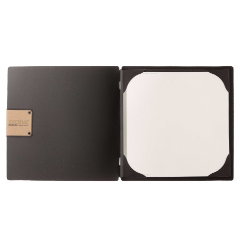 Porta Menu QUADRATO (23x23,1 cm) etichetta PATCH "personalizzata" (minimo 18 pezzi) cornicetta (4 facciate) elastico nero PORTOF