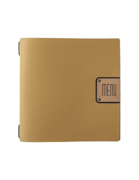 Porta Menu QUADRATO (23x23,1 cm) etichetta PATCH "menu" cornicetta (4 facciate) elastico nero PORTOFINO OCRA