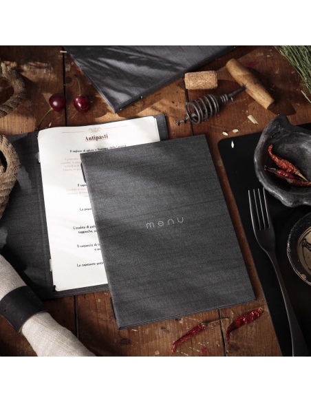 Porta Menu ITALY A5 (16,5x23,4 cm) - 2 buste (4 facciate) elastico nero - scritta menu - colore GRIGIO